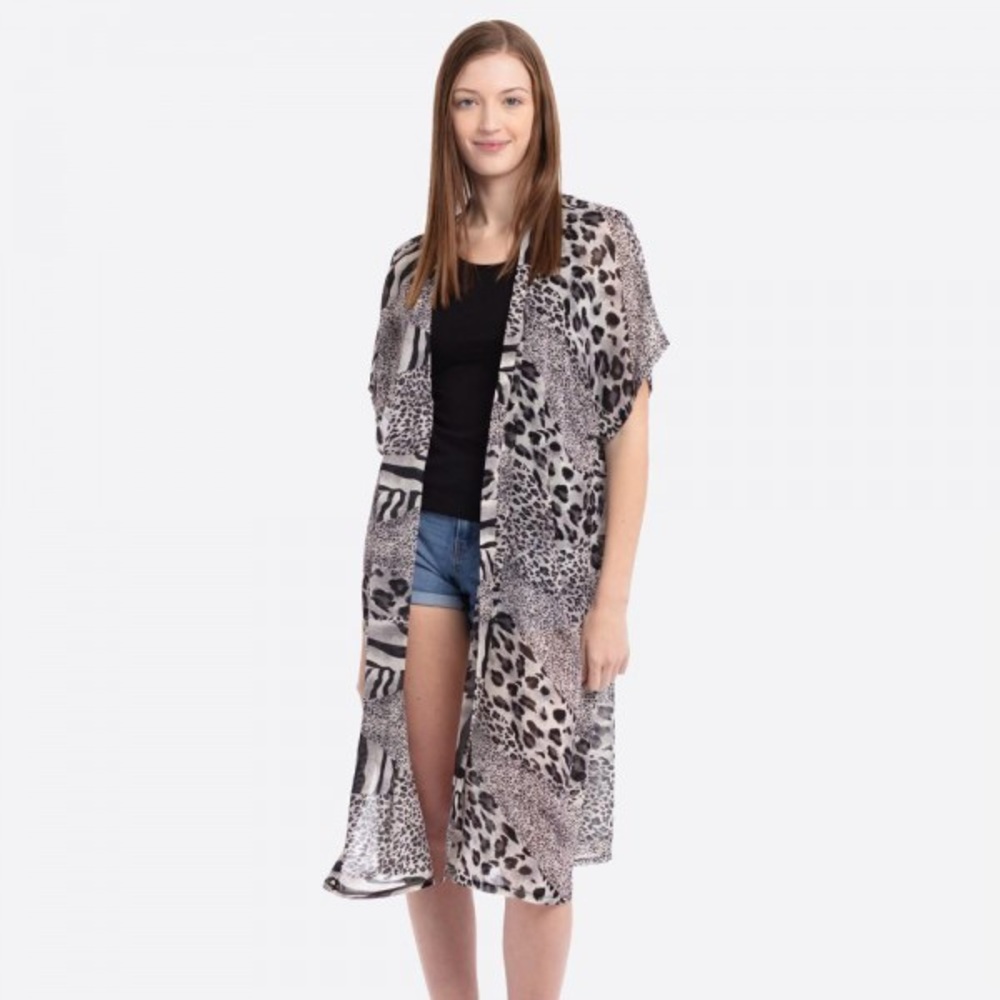 Women’s grey sheer animal print maxi kimono duster